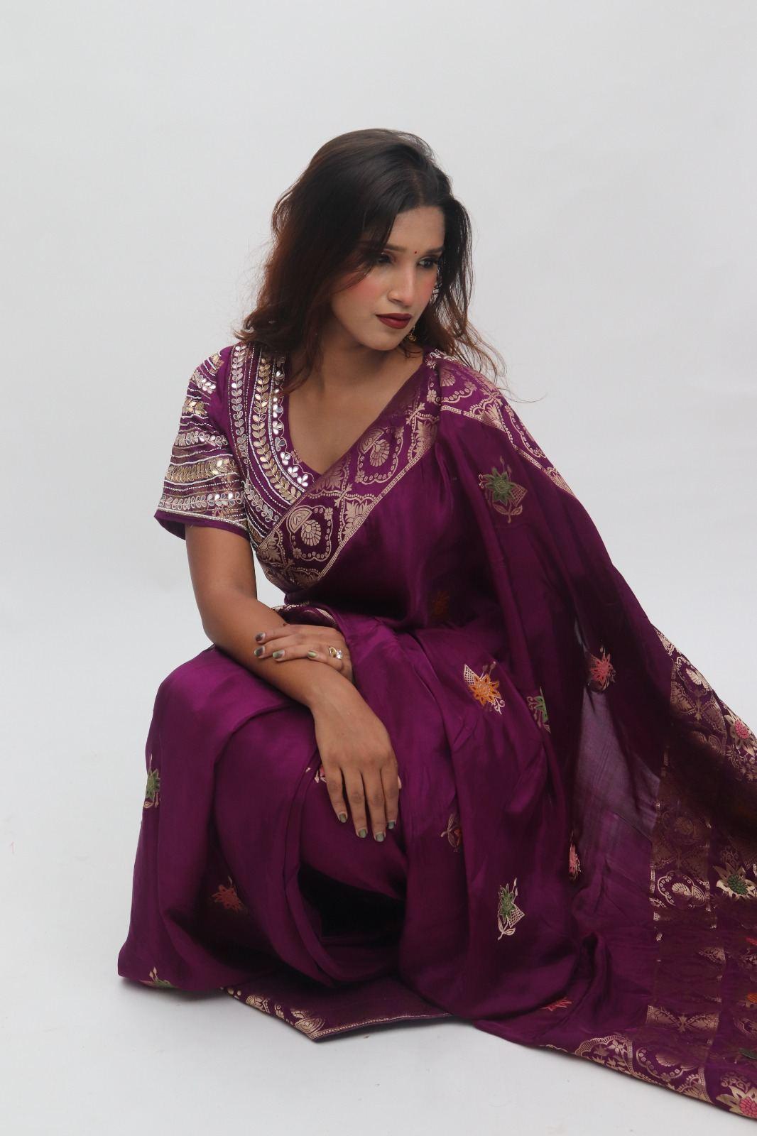 Deep Purple Gold Embroidered Designer Saree with Blouse