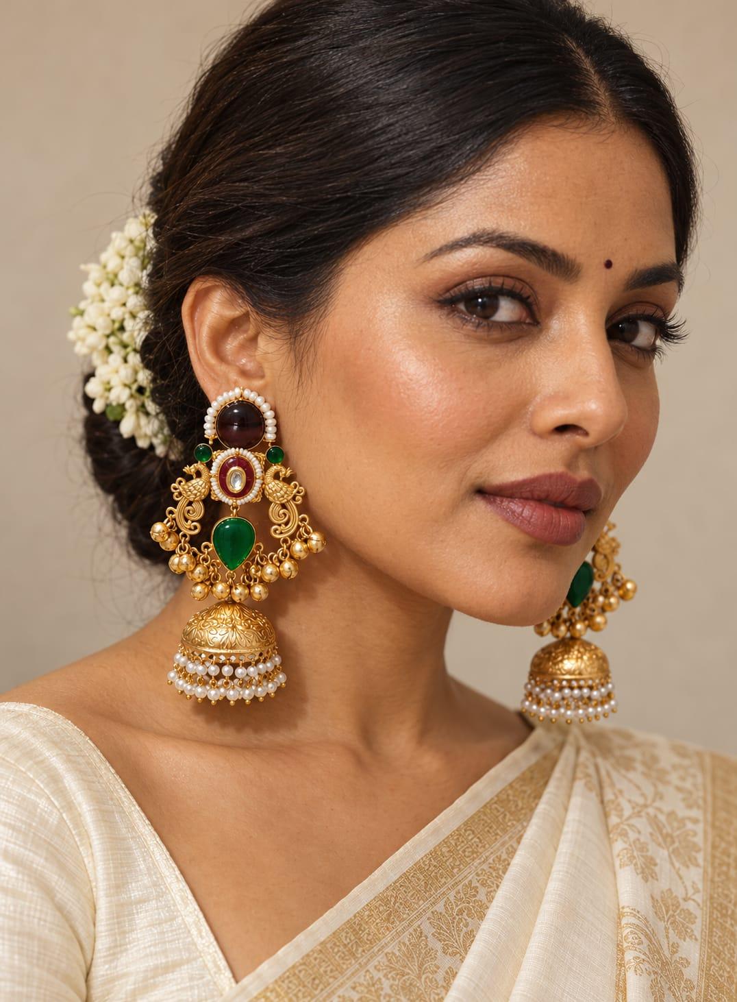 Maroon Green Pearl Jhumka Earrings