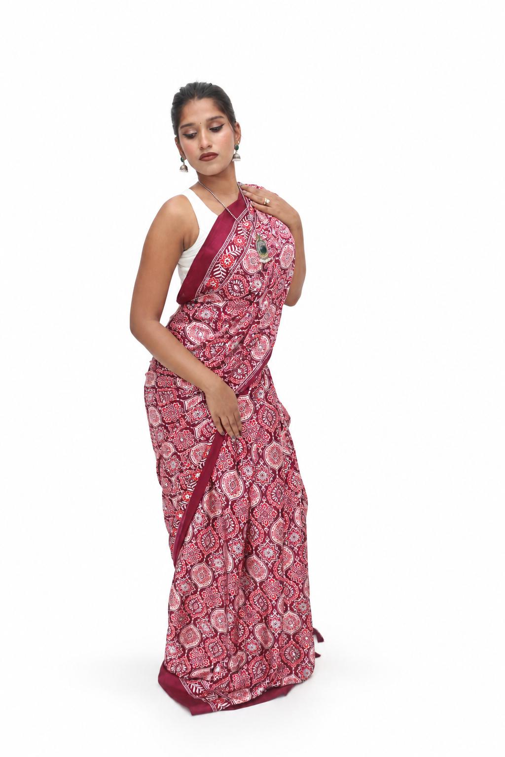 Maroon Geometric Print Saree