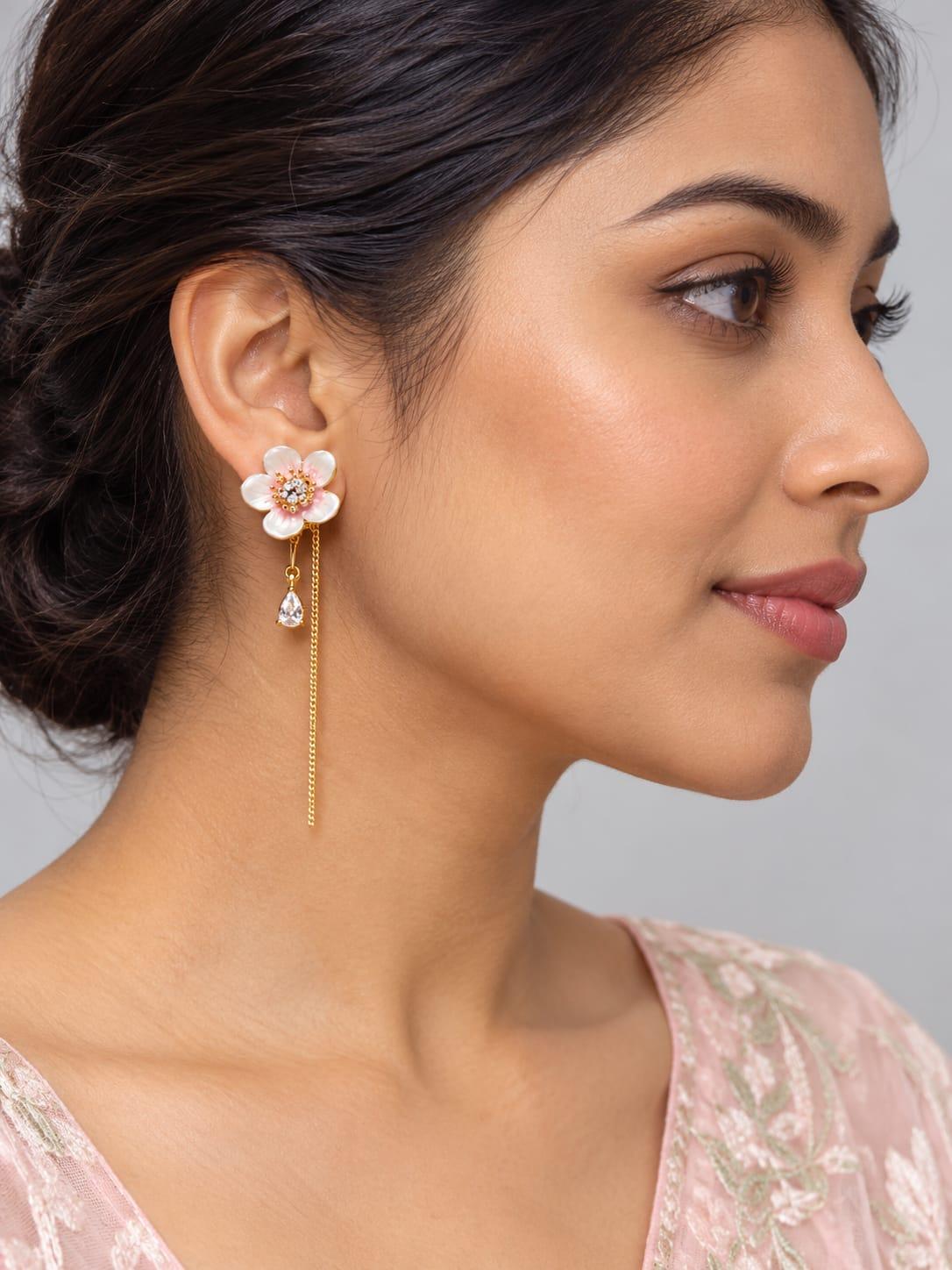 Pink Floral Long Chain Earrings