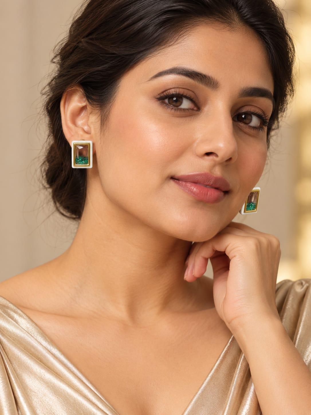 Green Rectangle Window Stud Earrings