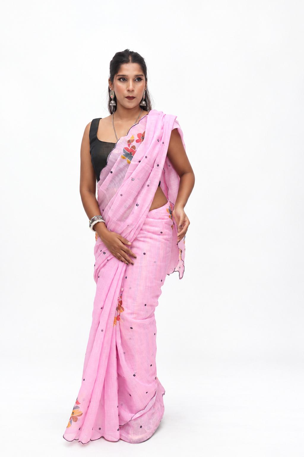 Pink Floral Scallop Border Saree