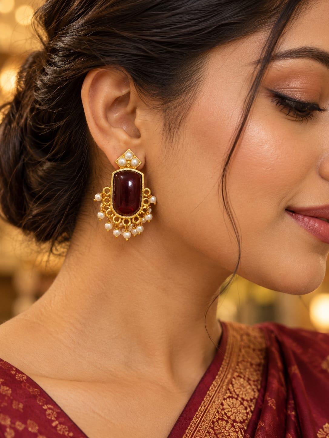 Maroon Pearl Fringe Drop Earrings
