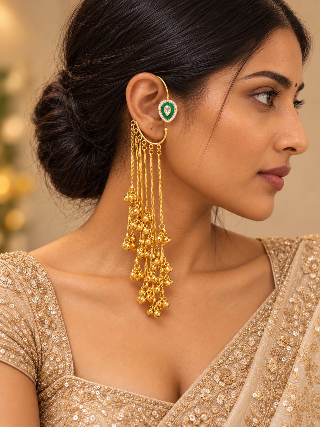 Green Heart Chain Ear Cuff Earrings