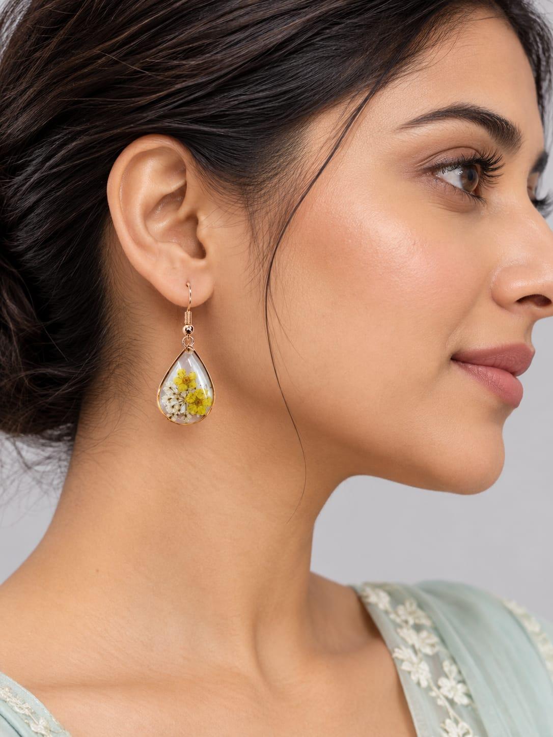 Yellow Floral Teardrop Resin Earrings