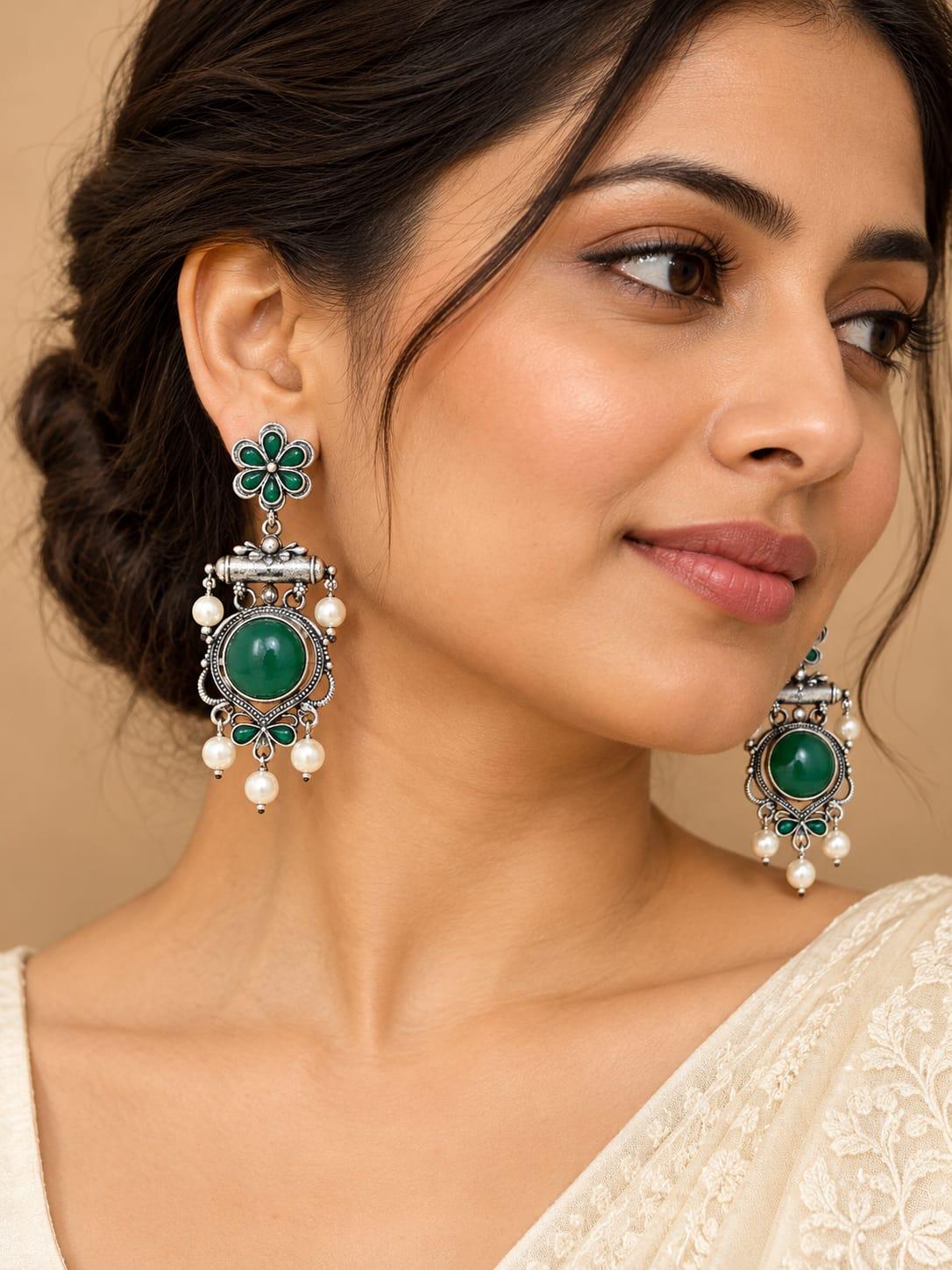 Green Floral Oxidised Drop Earrings