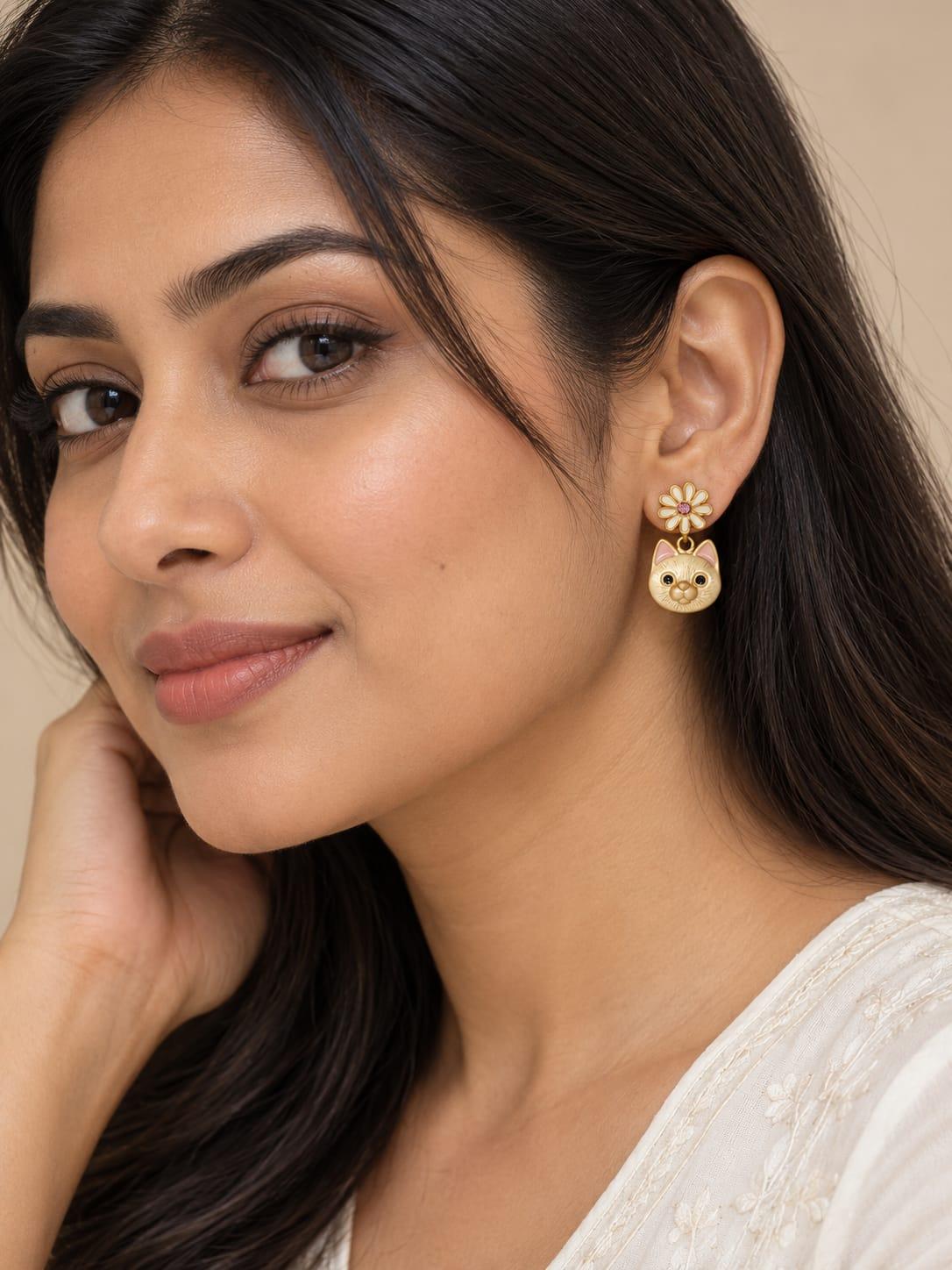 Gold Cat Floral Drop Earrings