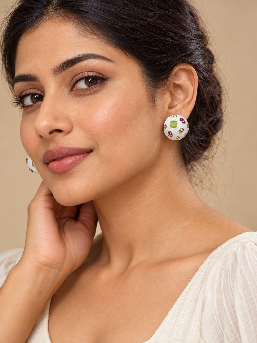 White Multicolor Stone Dome Stud Earrings