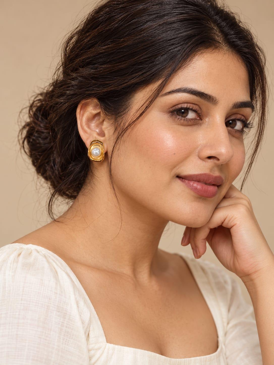 Gold Framed Pearl Stud Earrings