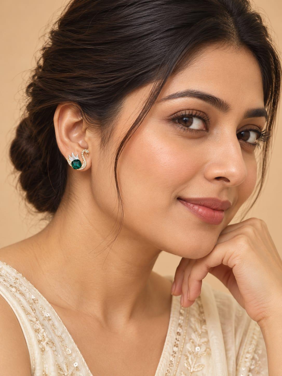 Green Swan Crystal Stud Earrings