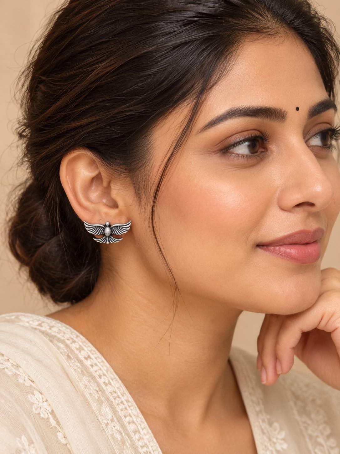 Oxidised Winged Bird Stud Earrings