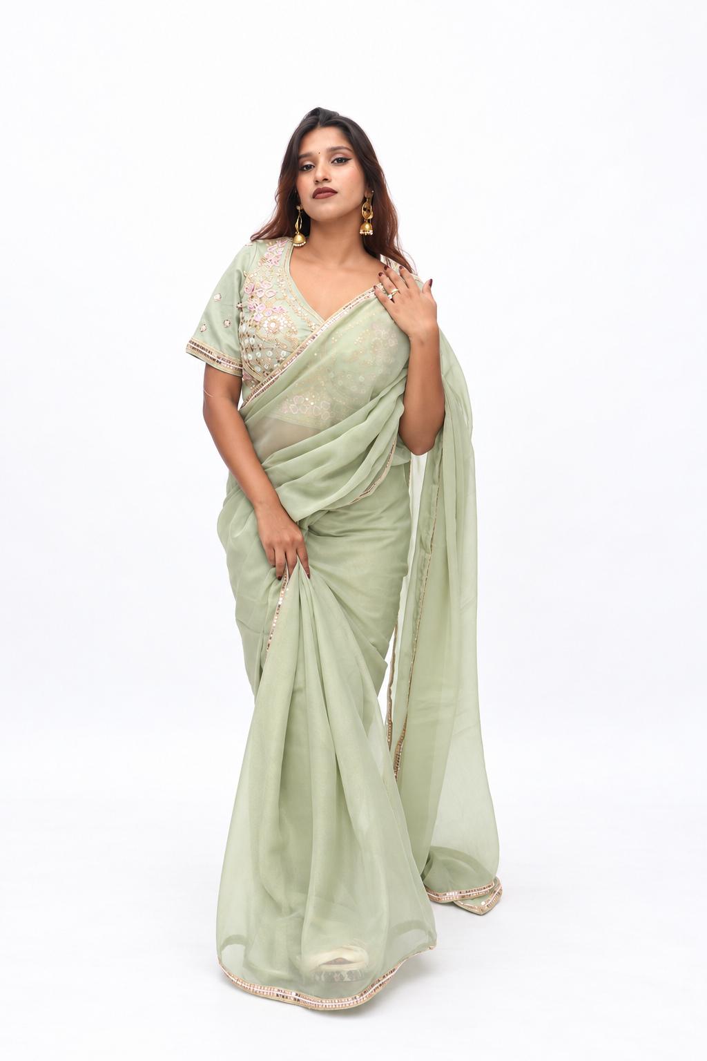 Sage Green Sheer Border Saree with Blouse