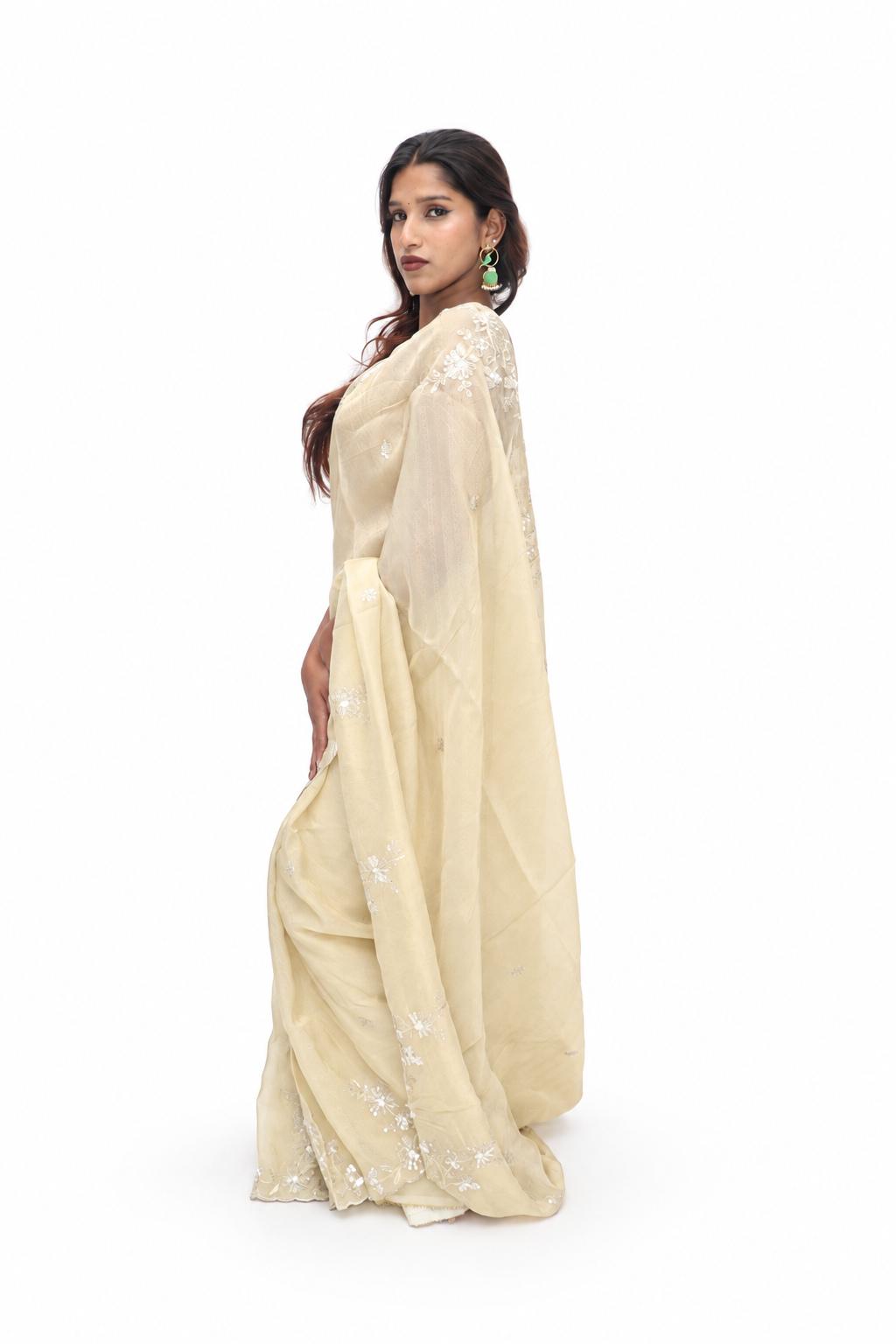 Ivory Floral Embroidered Saree