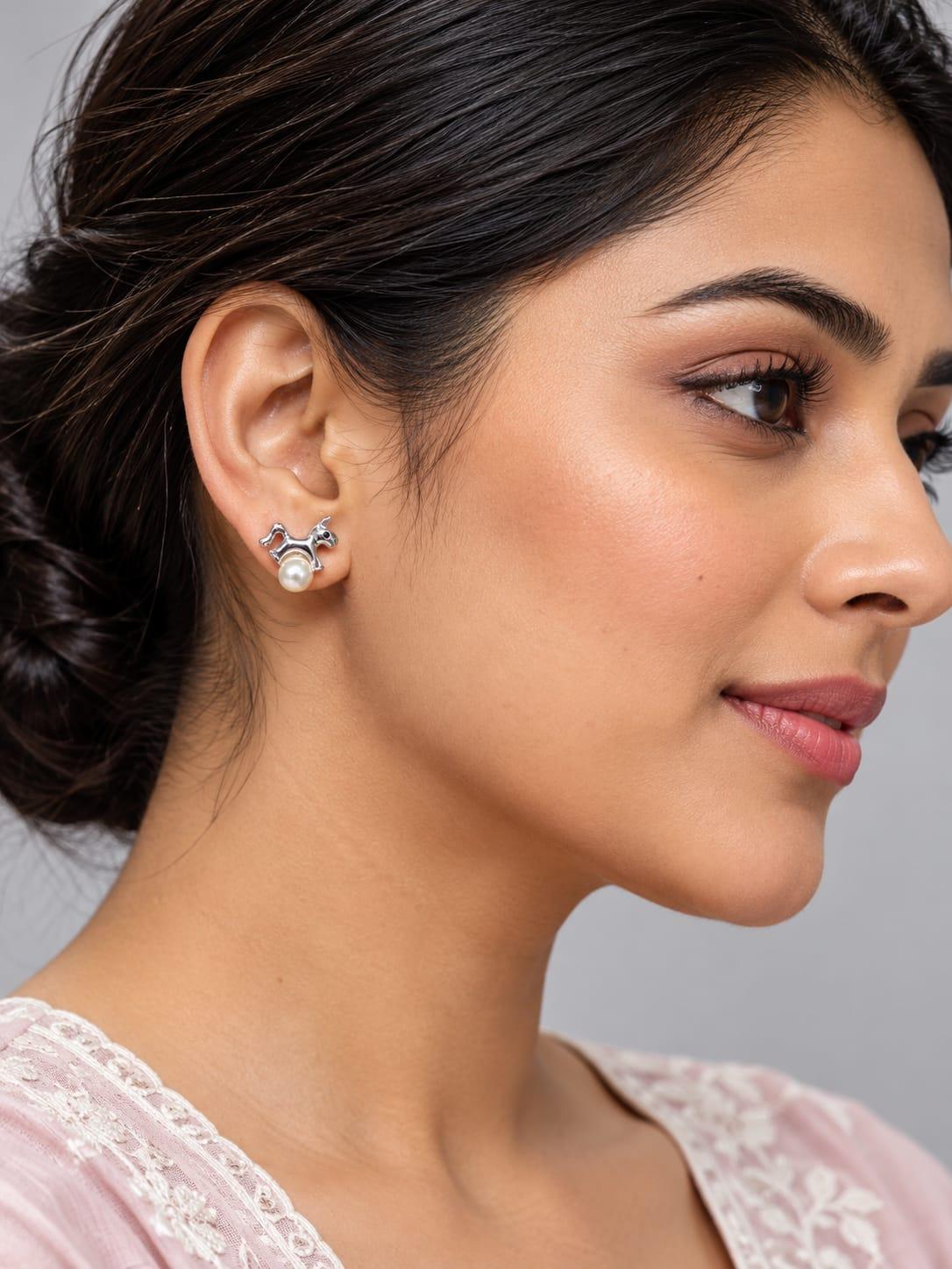 Silver Unicorn Pearl Stud Earrings