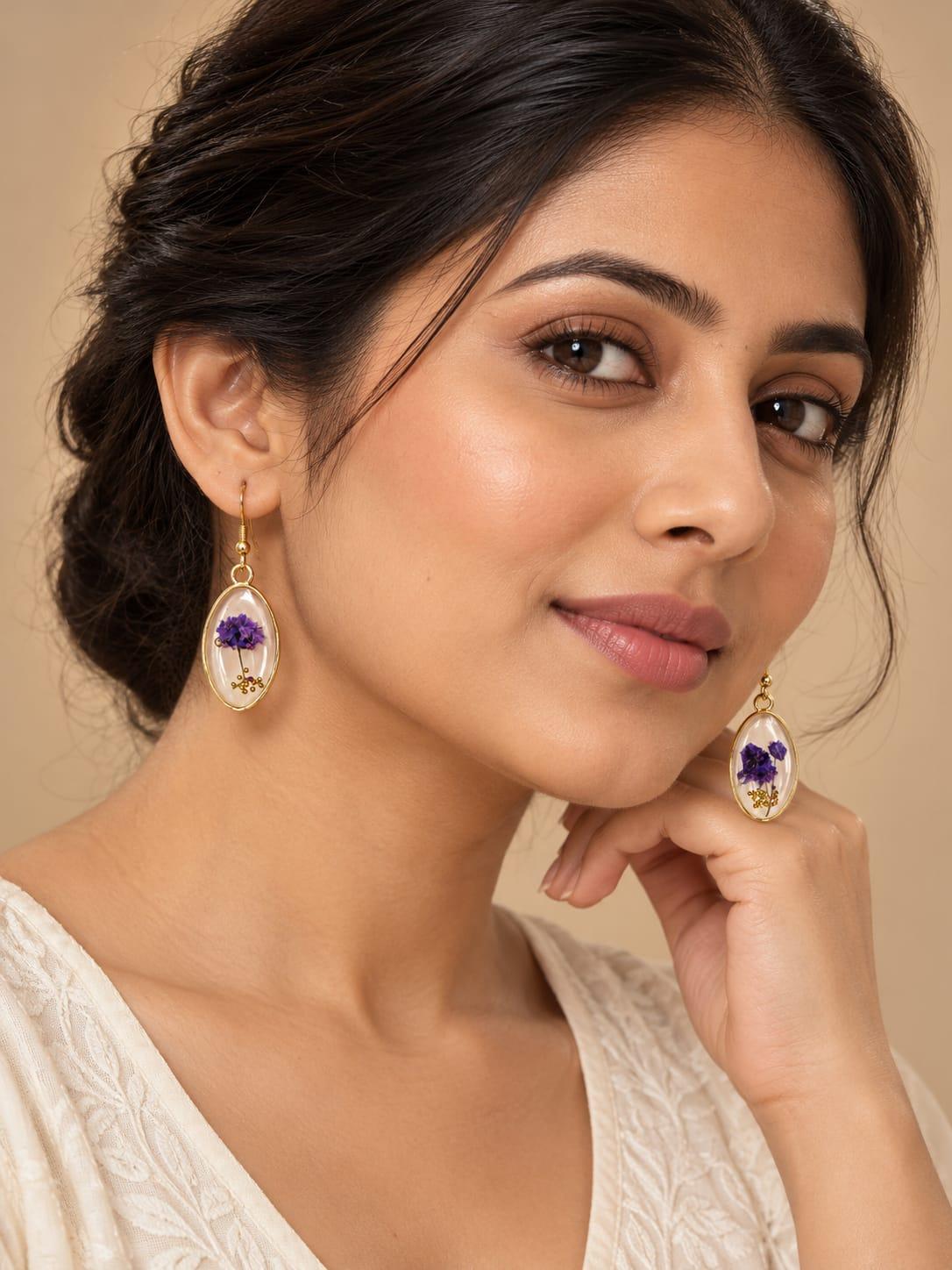 Purple Botanical Oval Drop Earrings