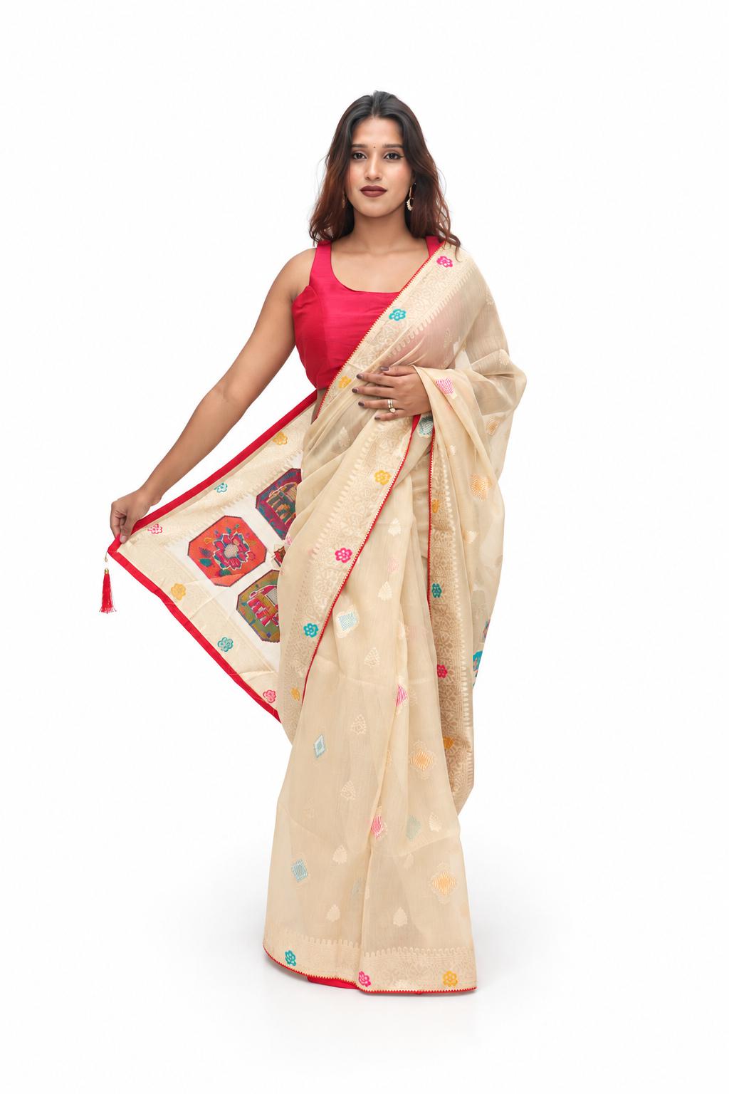 Beige Multicolour Motif Saree