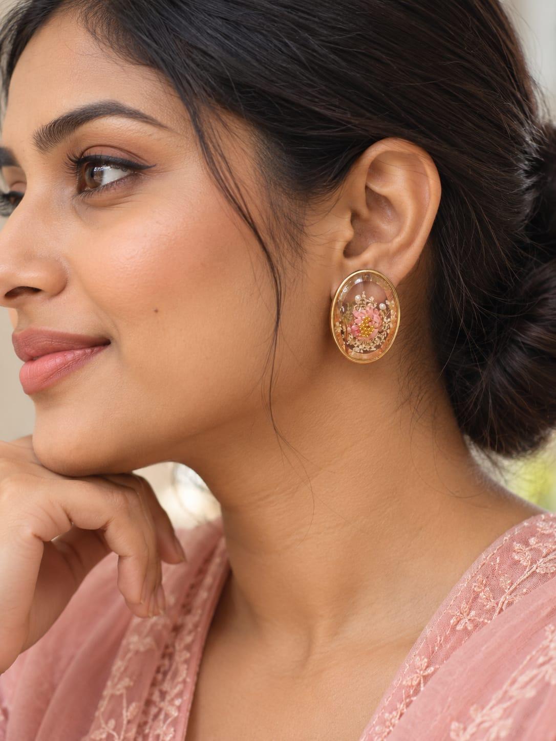 Oval Floral Resin Stud Earrings