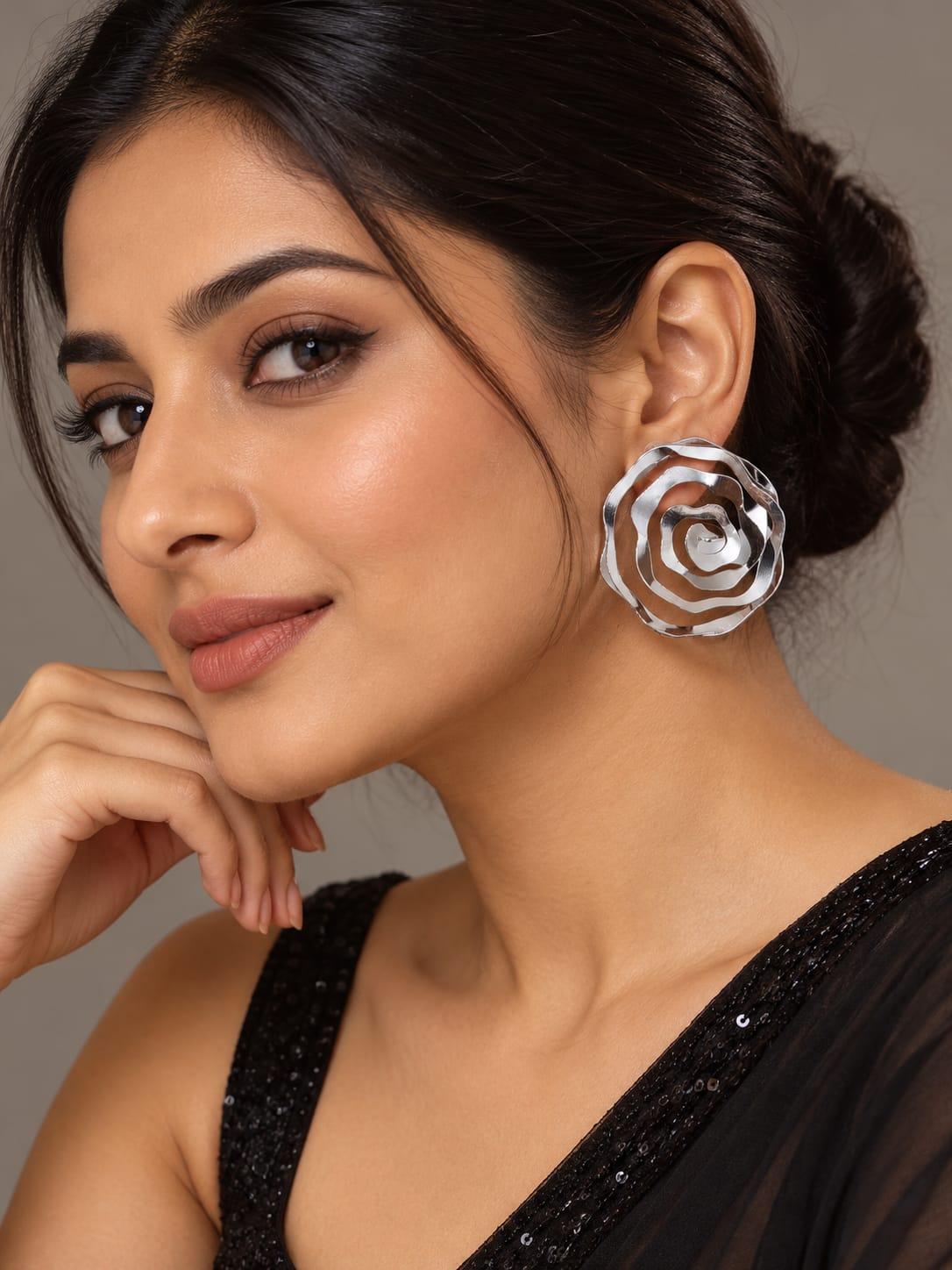 Silver Sculpted Rose Stud Earrings