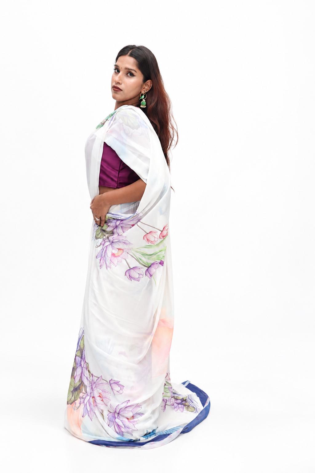 White Pastel Floral Print Saree