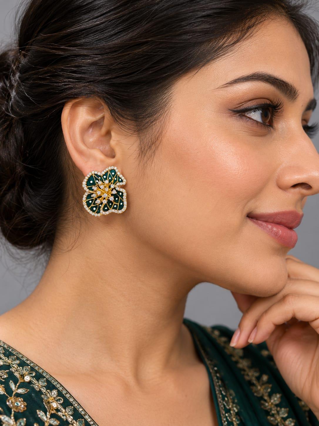 Green Crystal Floral Stud Earrings
