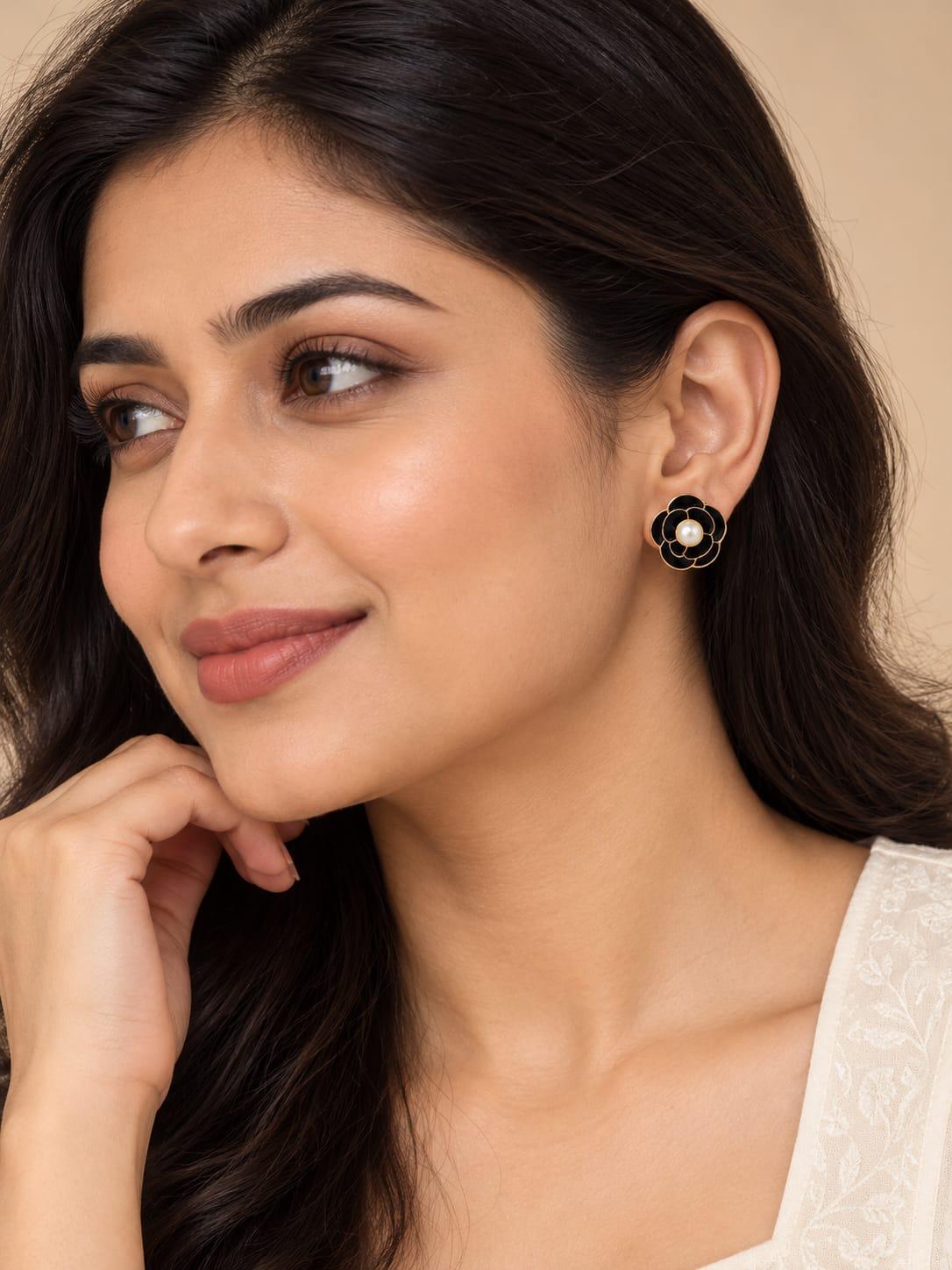 Black Camellia Pearl Stud Earrings