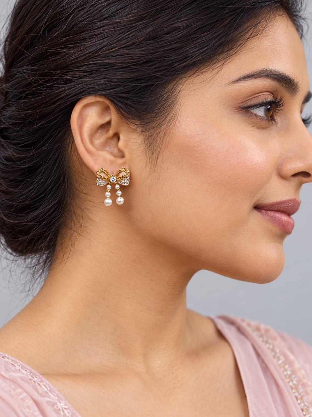Gold Bow Twin Pearl Drop Earrings