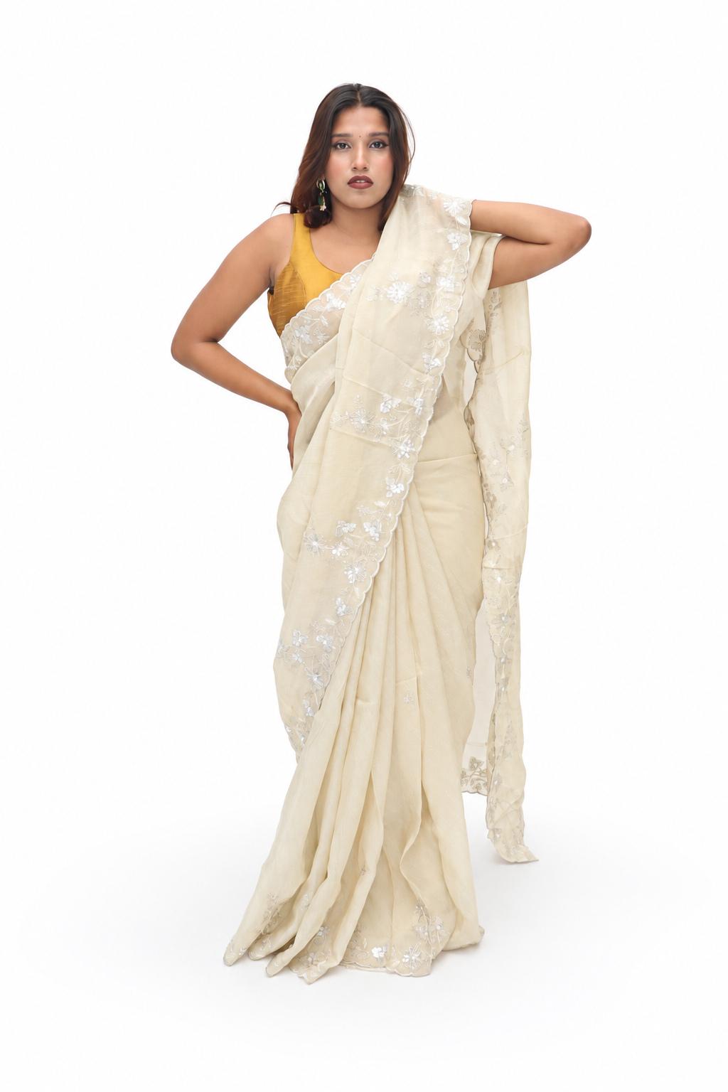 Ivory Floral Embroidered Saree
