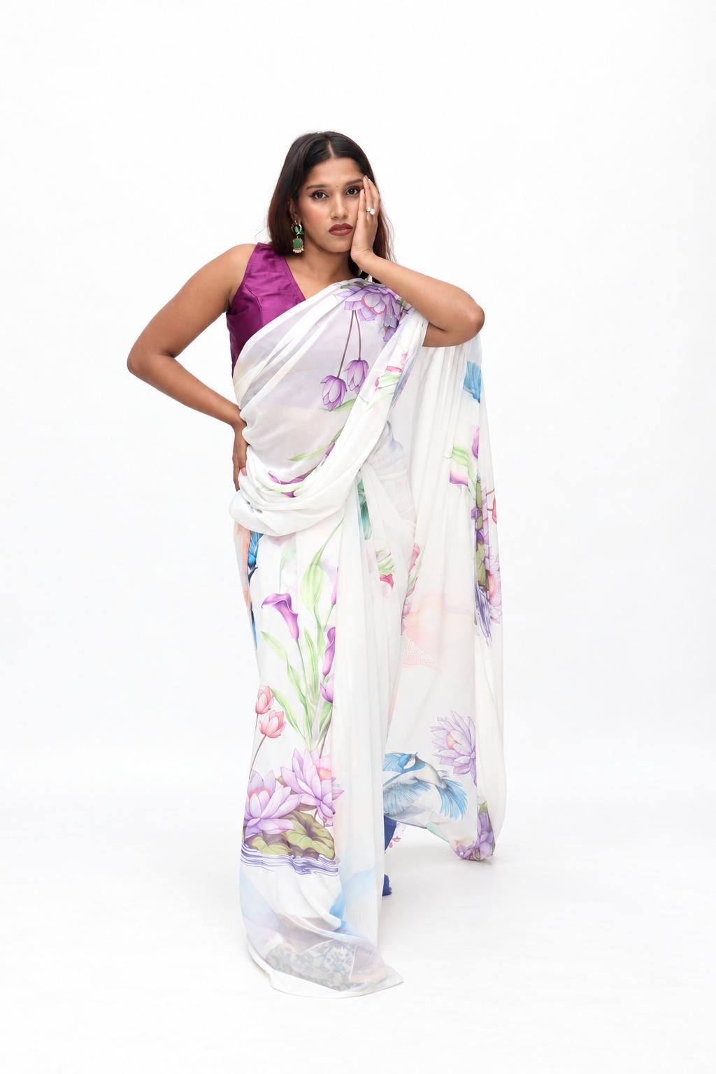 White Pastel Floral Print Saree