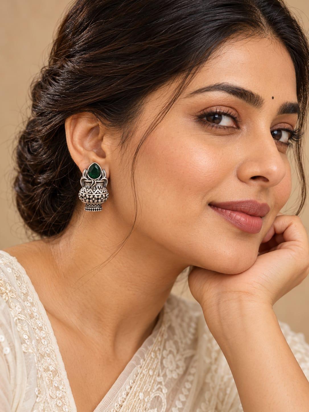 Green Teardrop Oxidised Jhumka Earrings