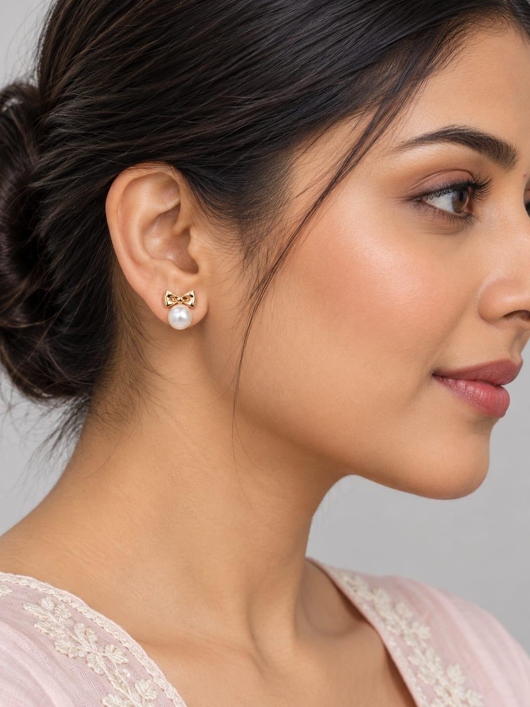 Gold Bow Single Pearl Stud Earrings