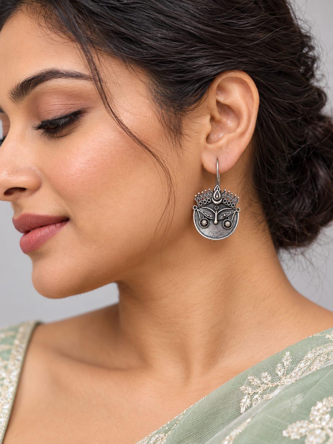 Oxidised Goddess Face Drop Earrings