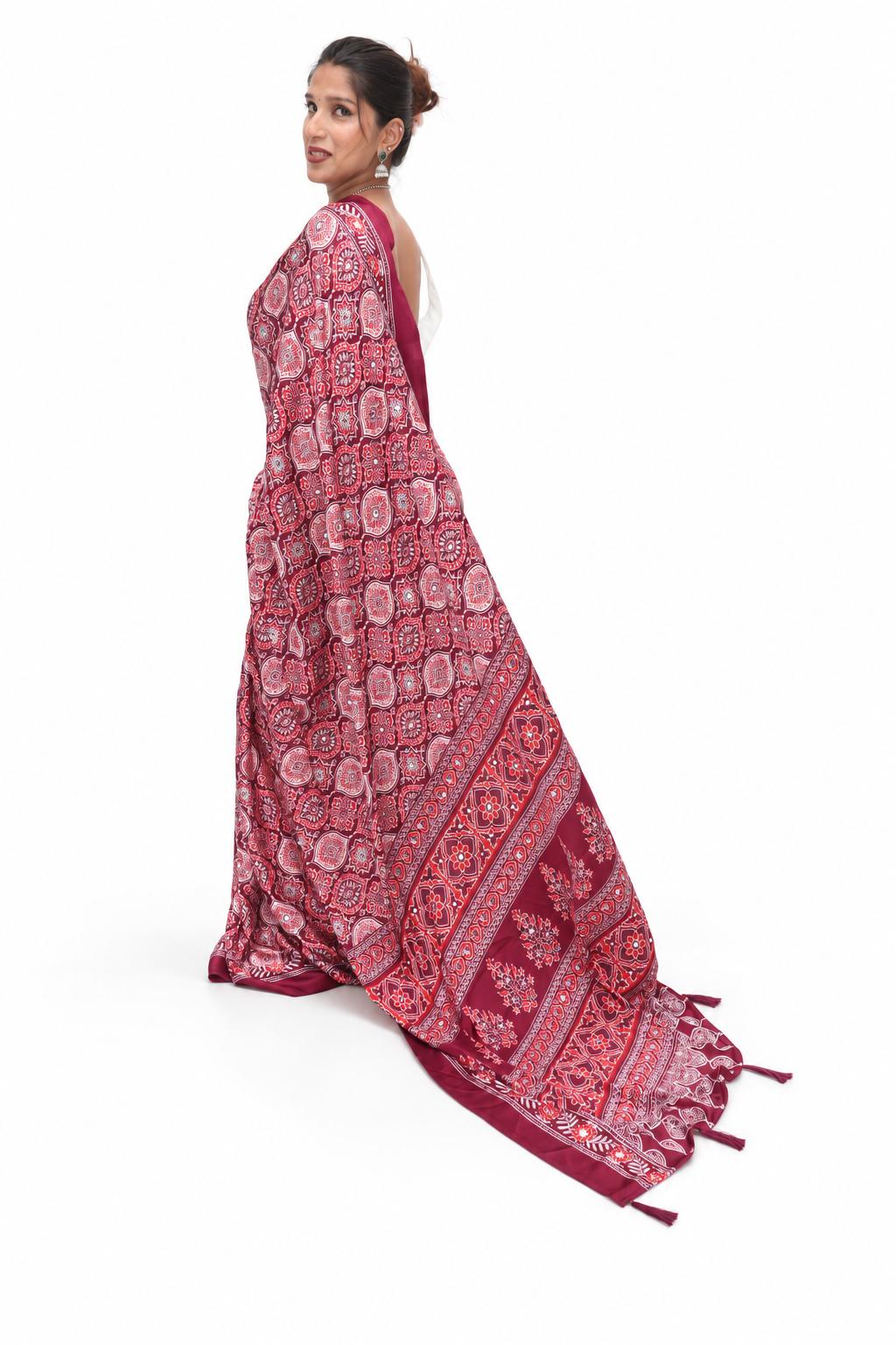 Maroon Geometric Print Saree