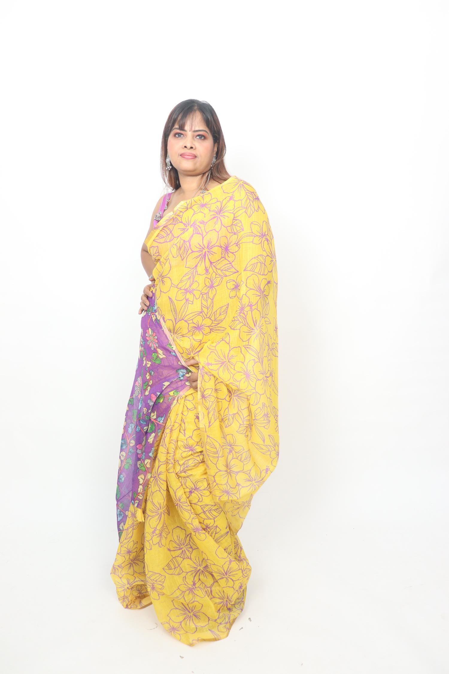 Yellow Purple Floral Saree