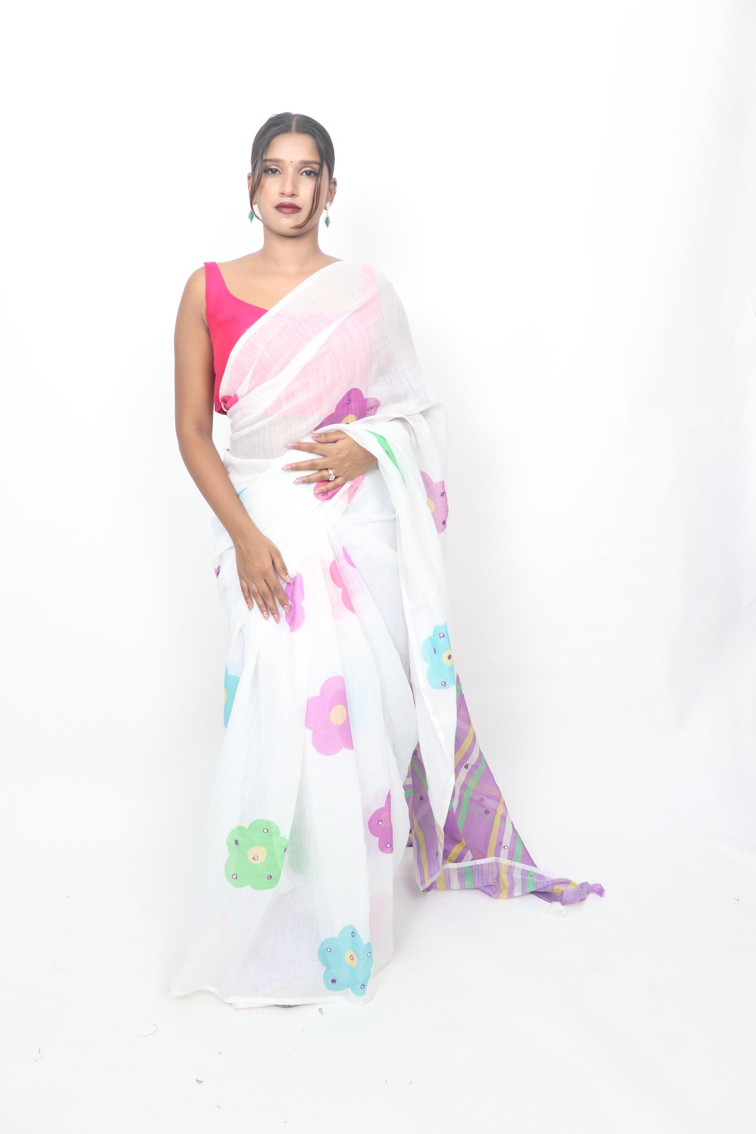 White Multicolour Floral Saree