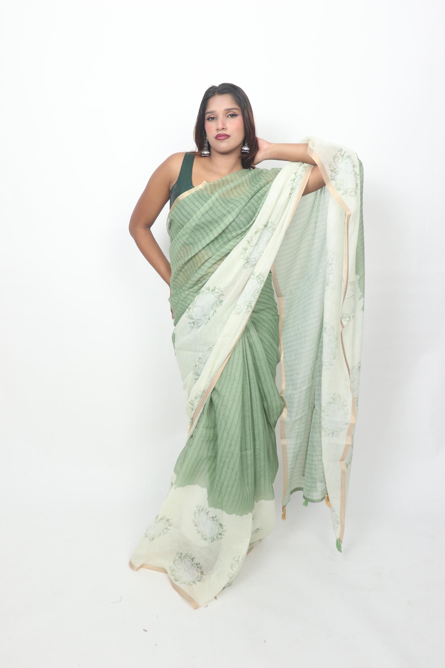 Sage Green Paisley Border Saree