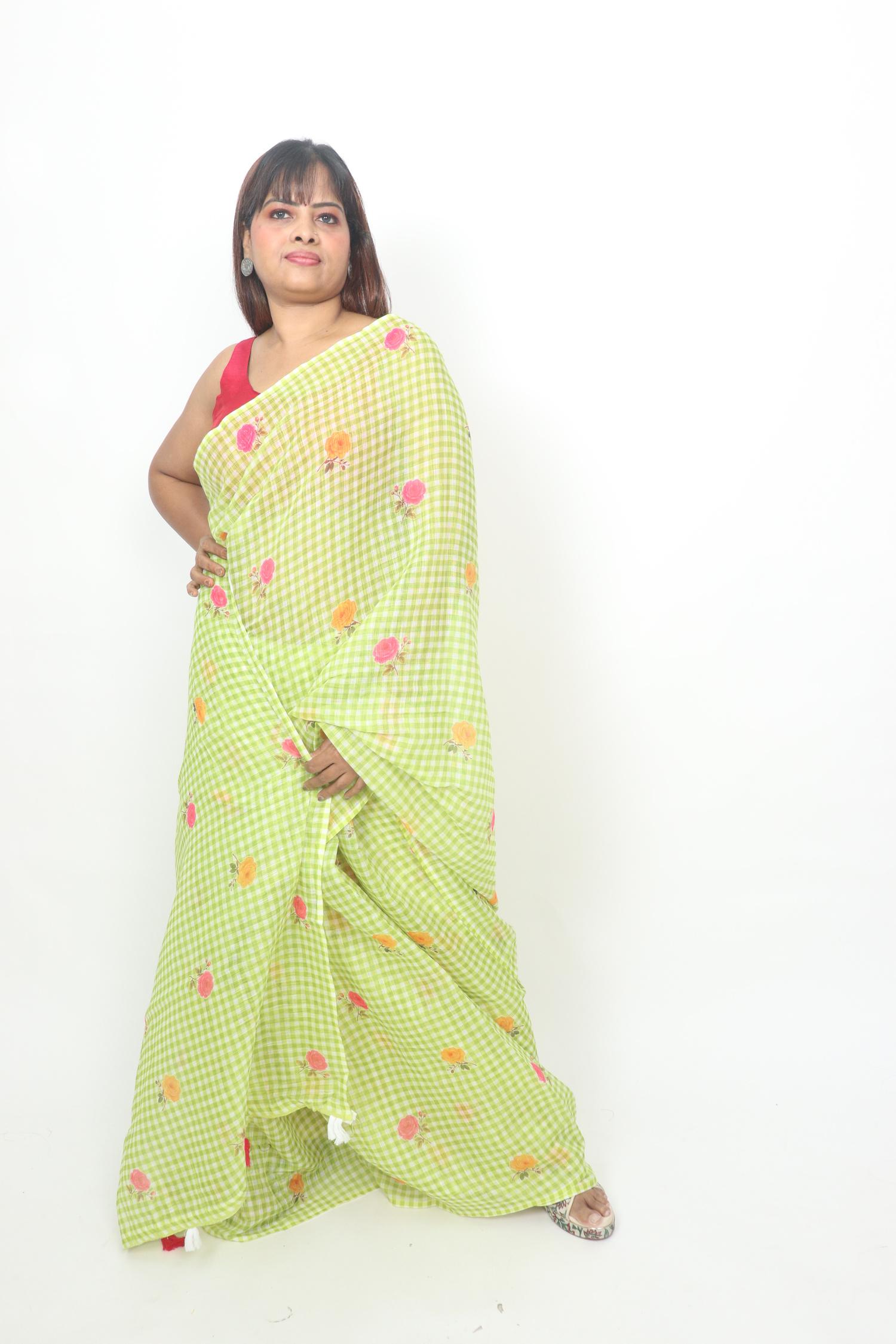 Lime Green Floral Gingham Saree