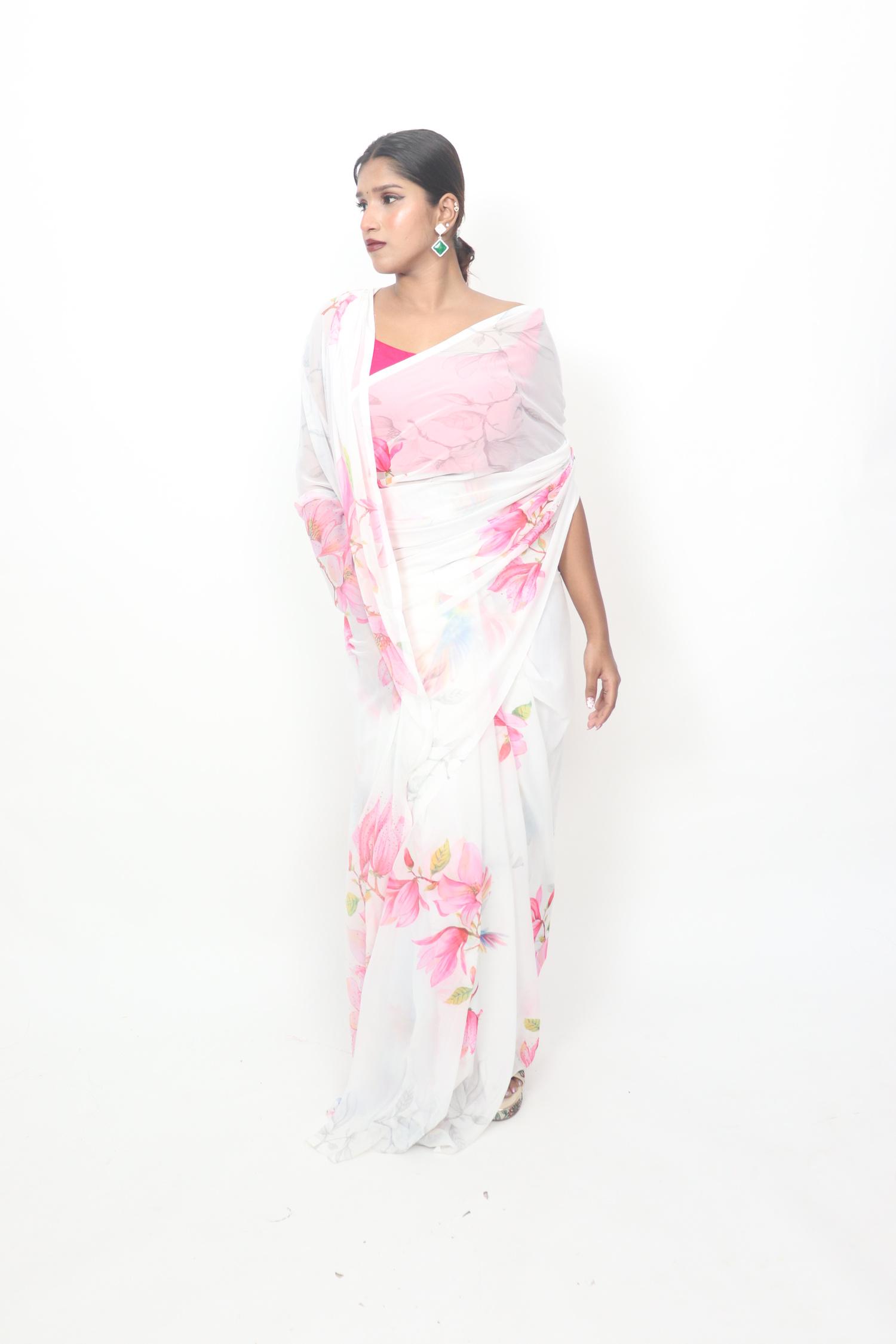 White Pink Floral Bird Print Saree