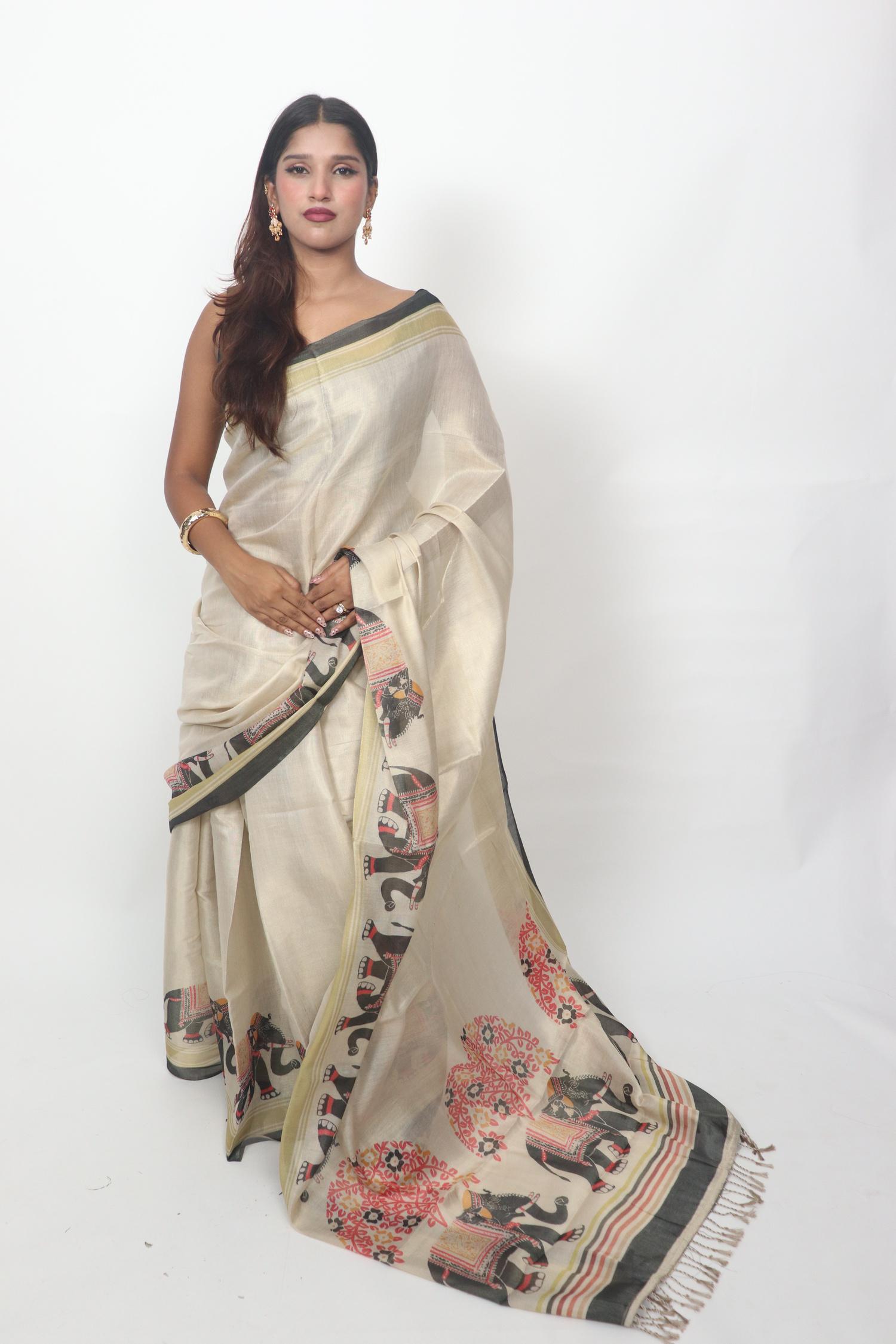 Ivory Elephant Border Saree