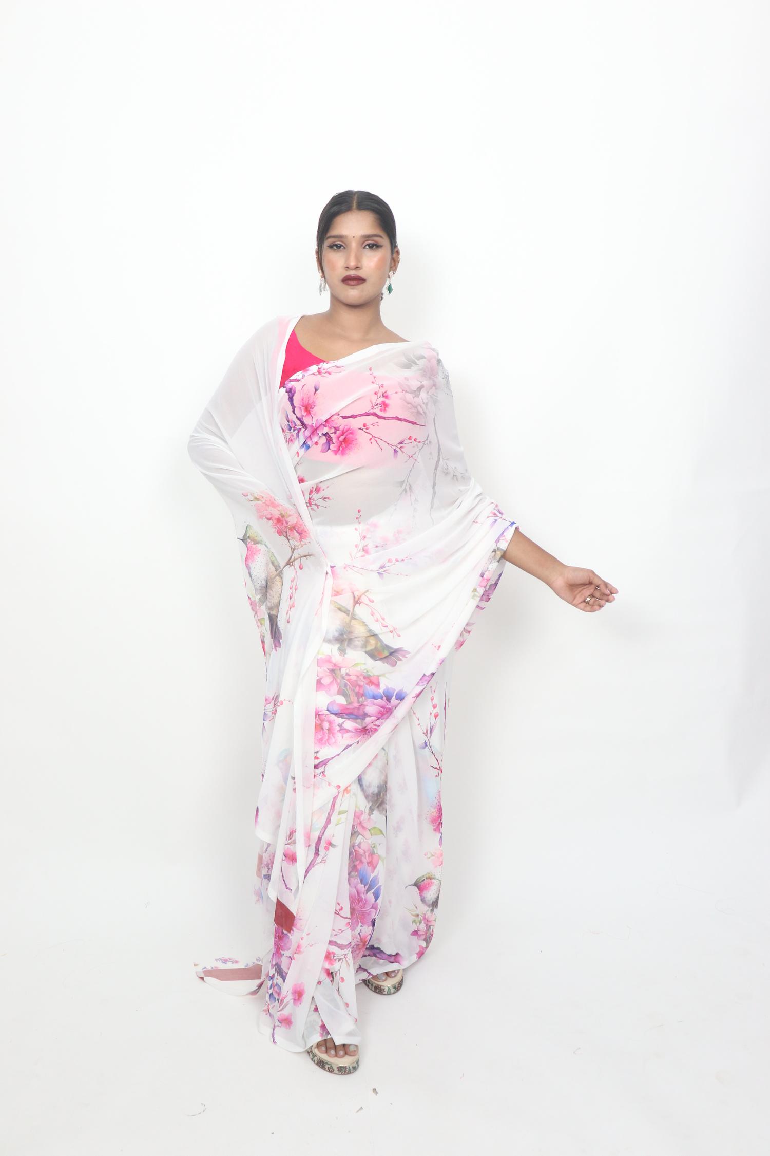 White Pink Blossom Bird Saree
