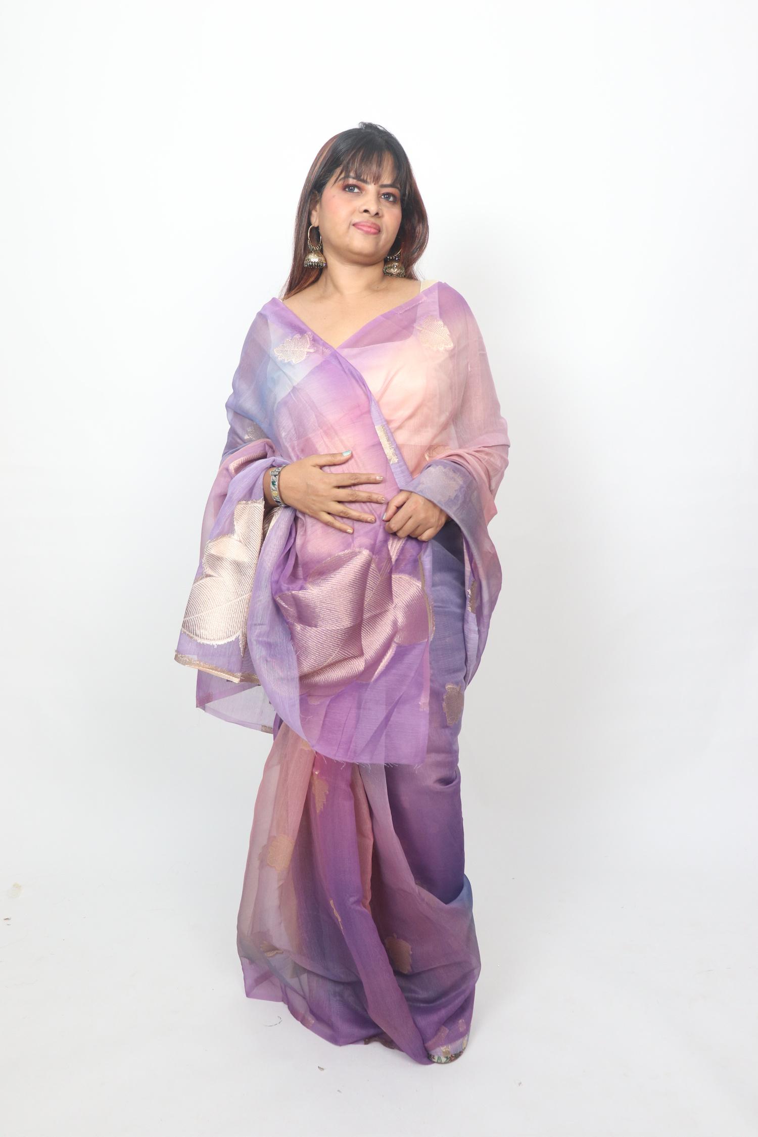Pastel Lilac Gold Leaf Saree