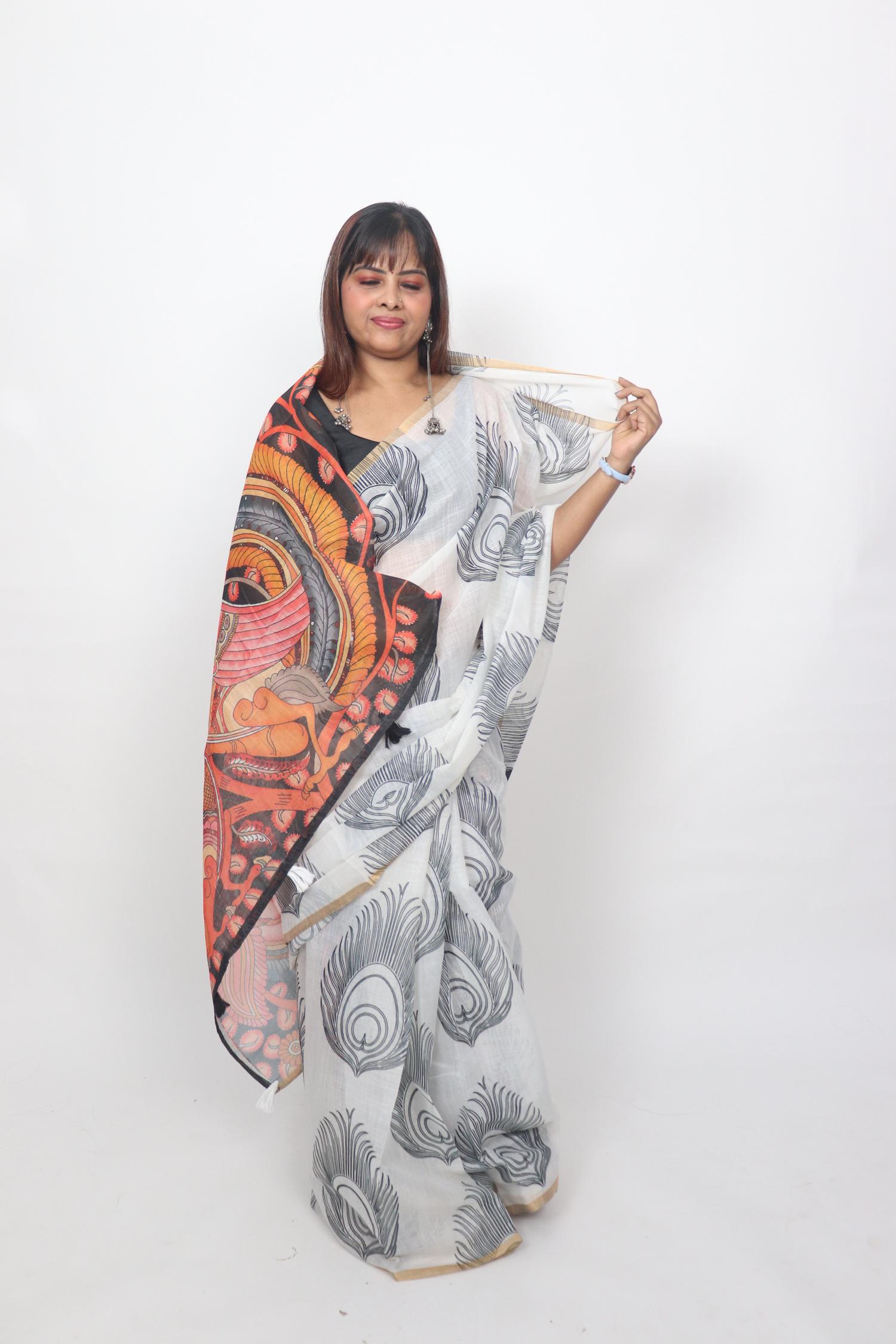 Ivory Peacock Feather Print Saree