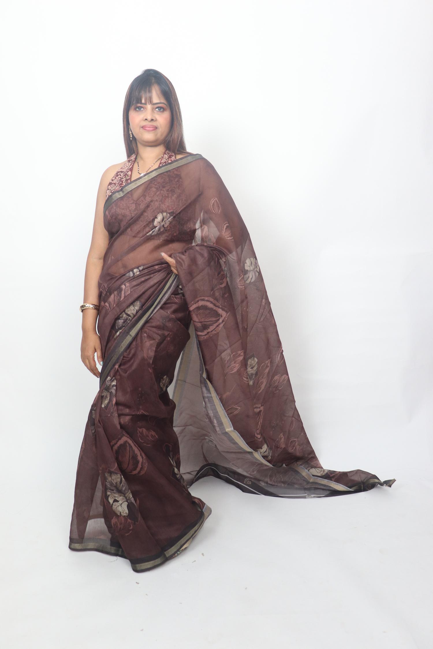 Chocolate Brown Botanical Saree