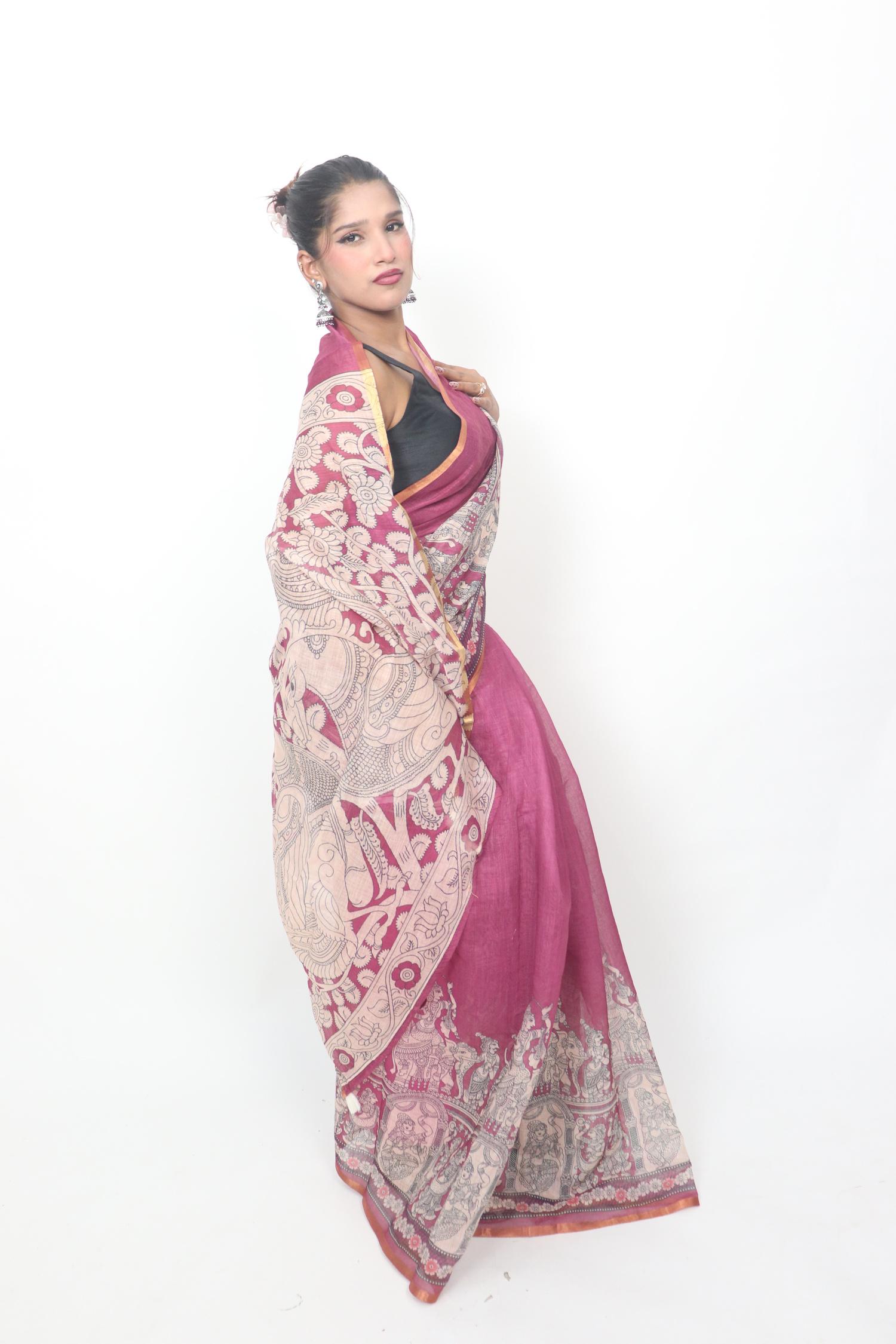 Plum Kalamkari Style Saree