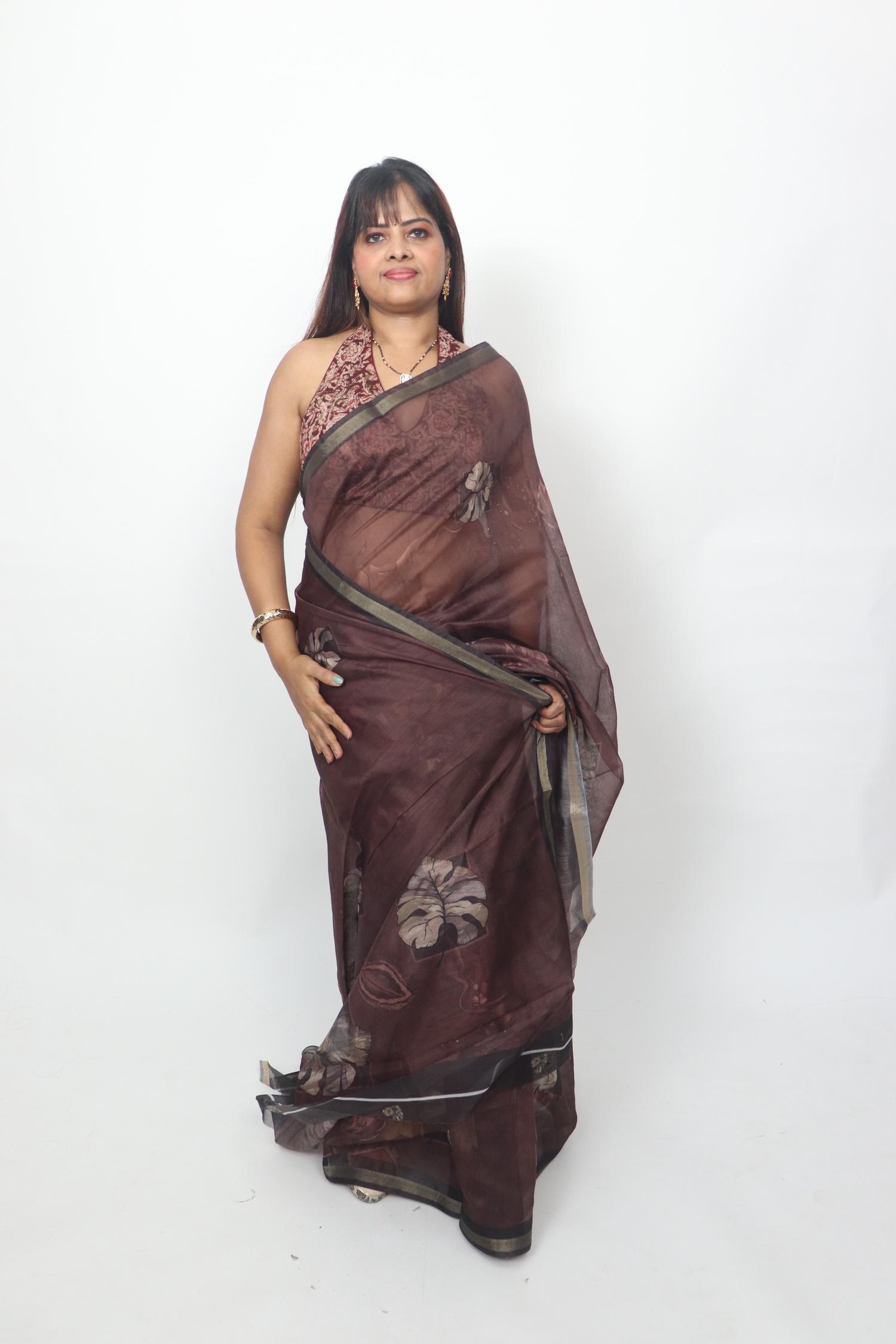 Chocolate Brown Botanical Saree