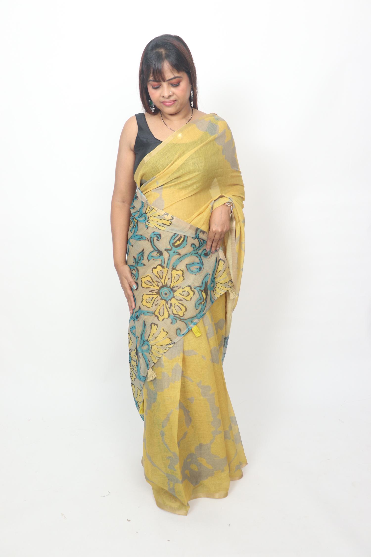 Yellow Teal Floral Pallu Saree