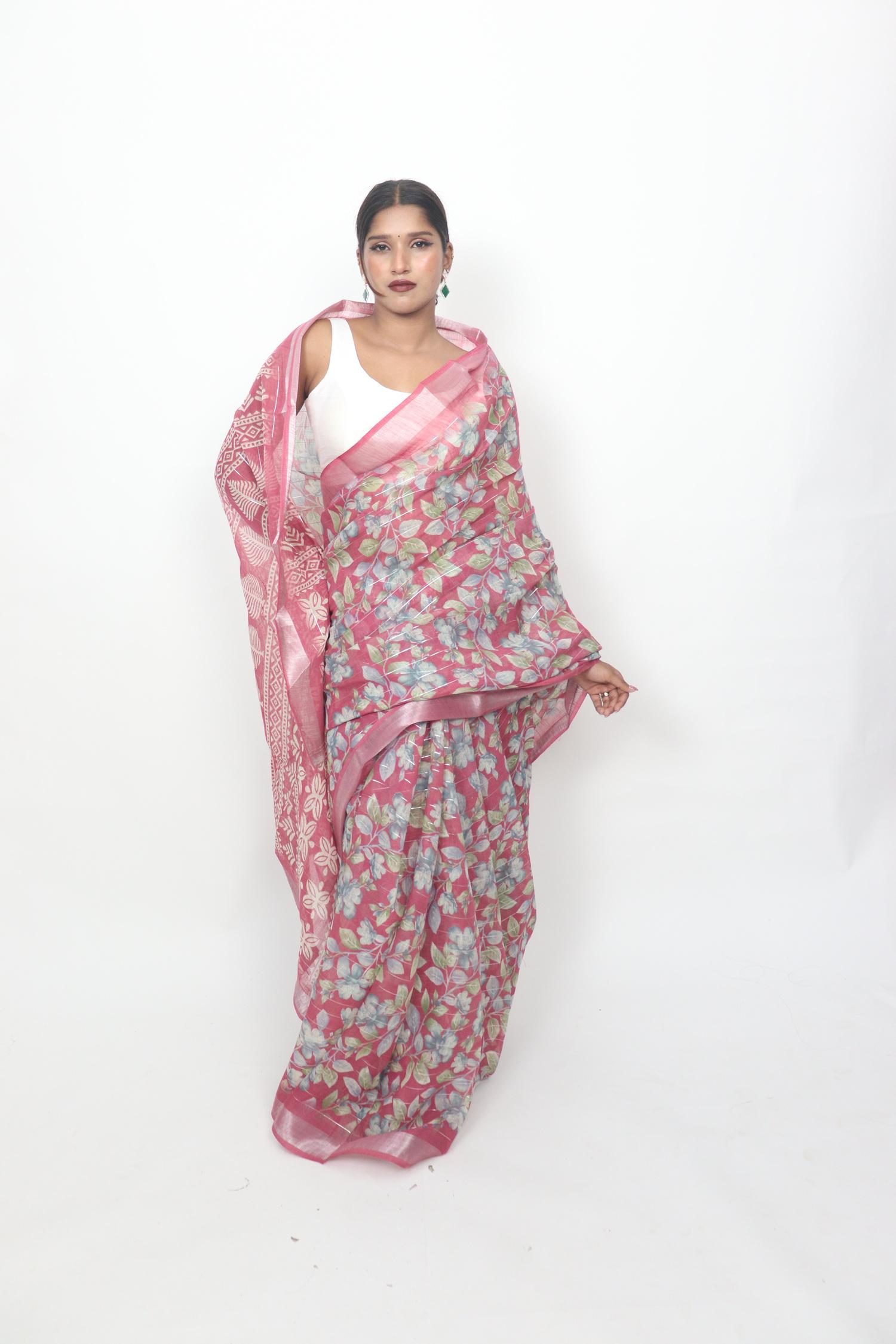 Rose Pink Floral Check Saree