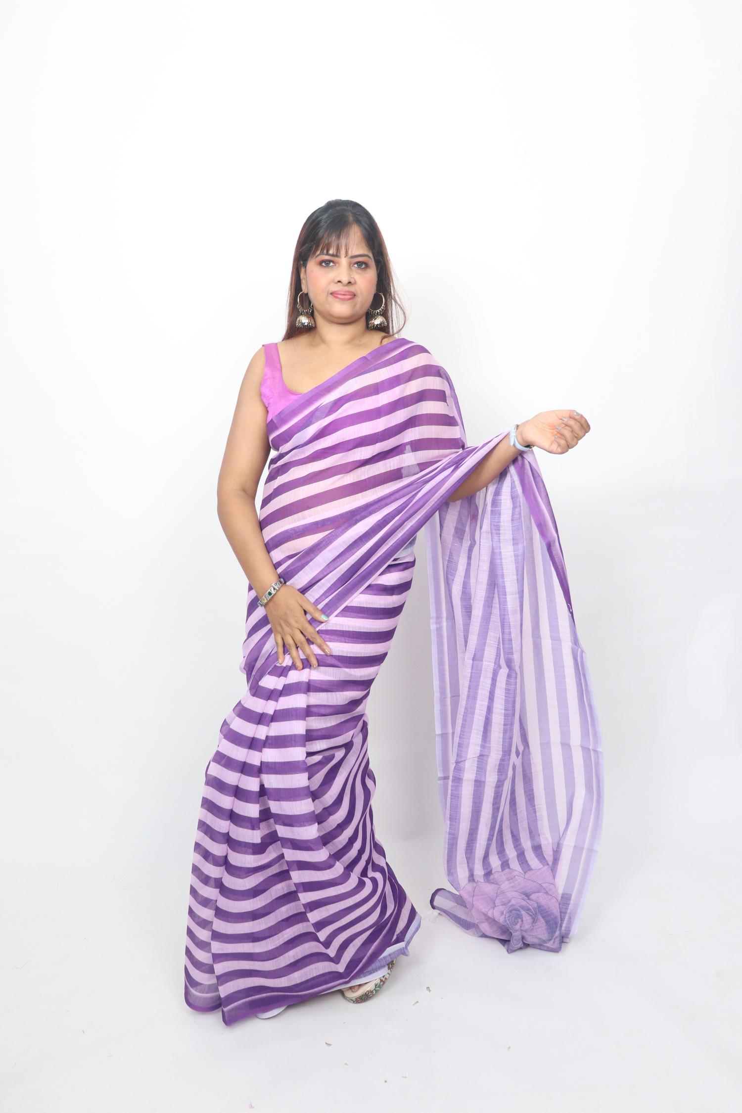 Purple Striped Rose Pallu Saree