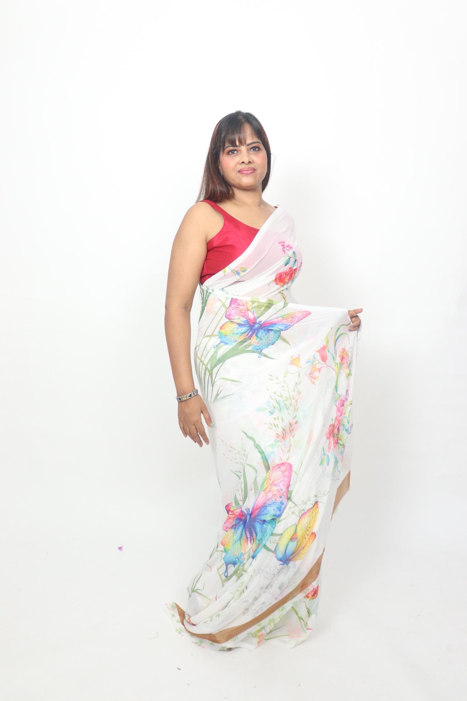 White Floral Butterfly Print Saree