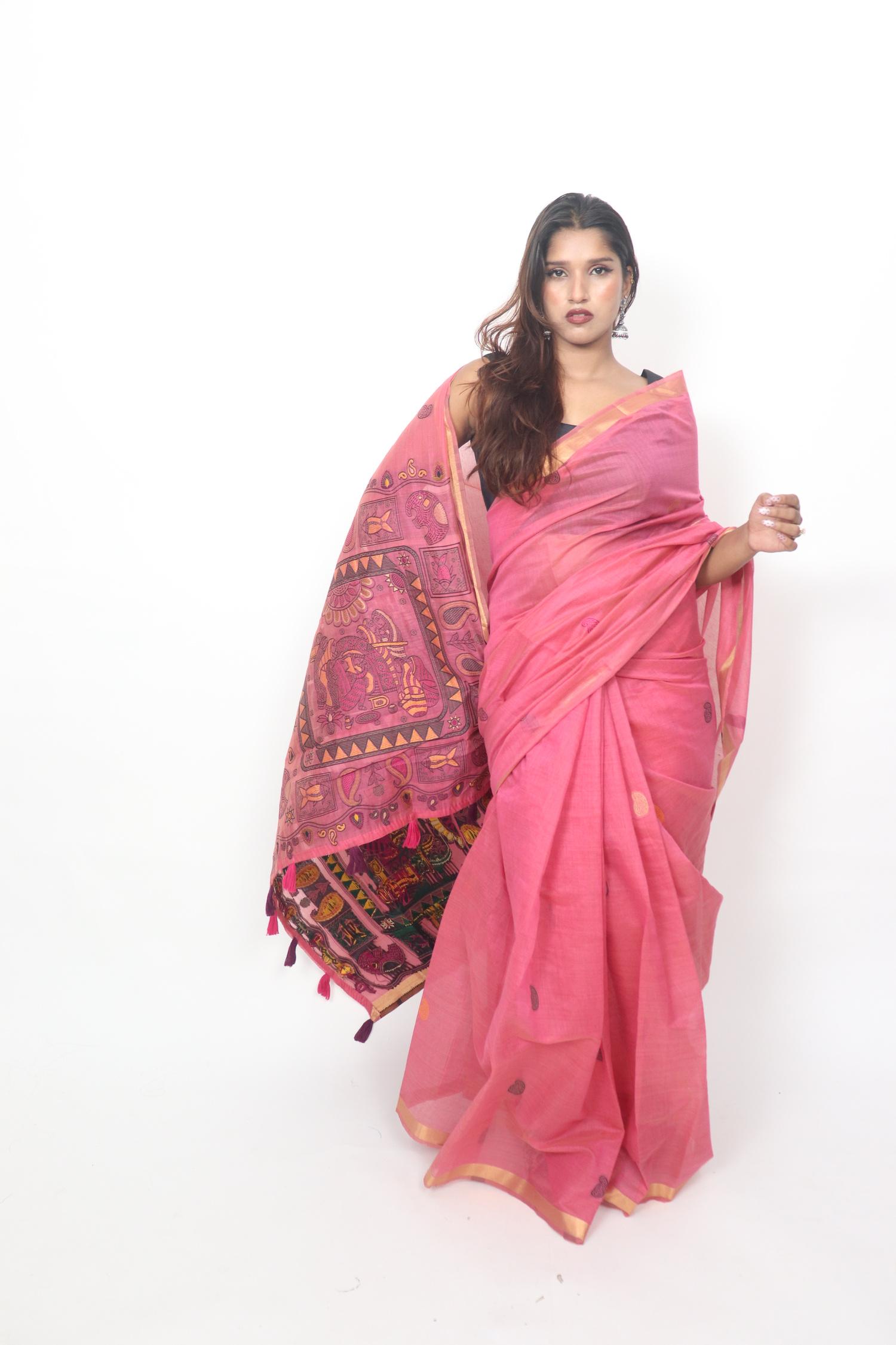 Coral Pink Folk Art Saree