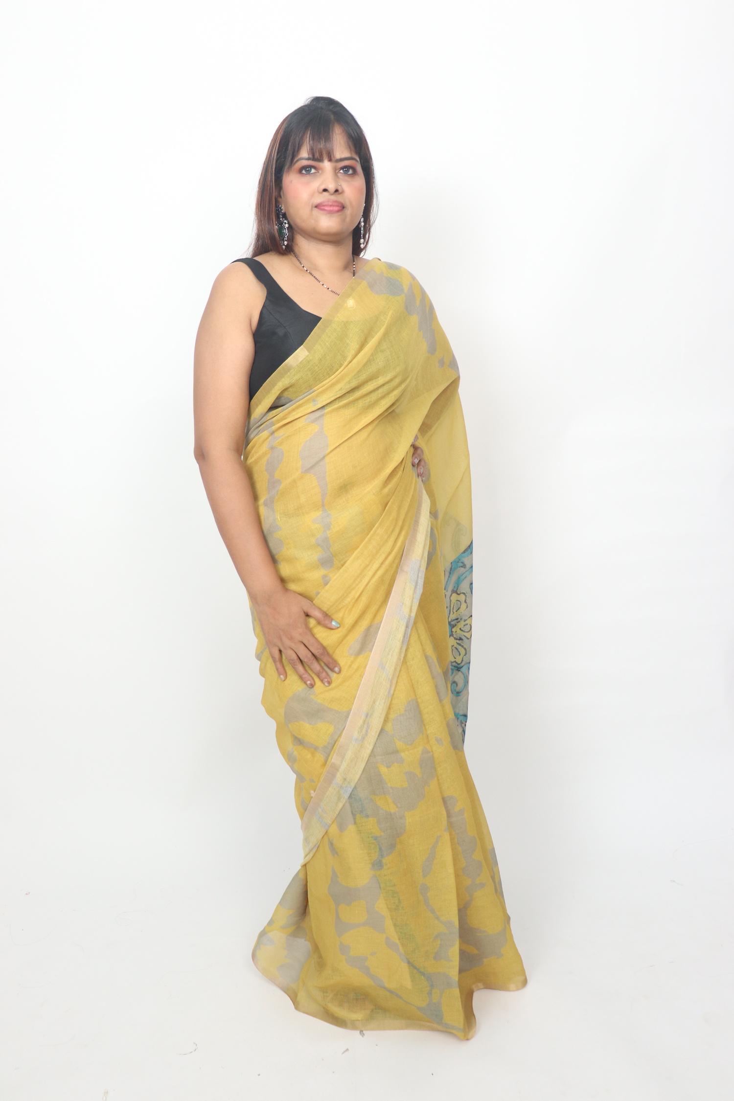 Yellow Teal Floral Pallu Saree